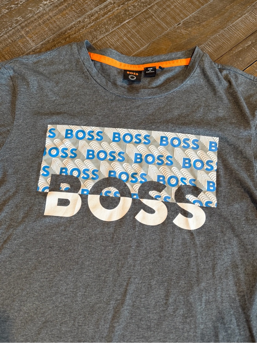 BOSS Hugo Boss Men’s Graphic T-Shirt Grey Blue Logo Medium Made in Portugal
